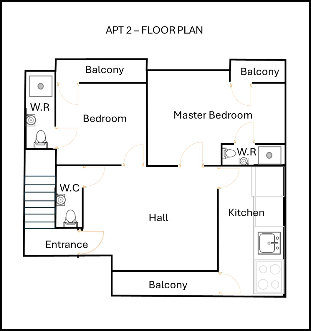 APT 2 Floor Plan — 2 Bed, Kitchen, Hall, 3 Balconies